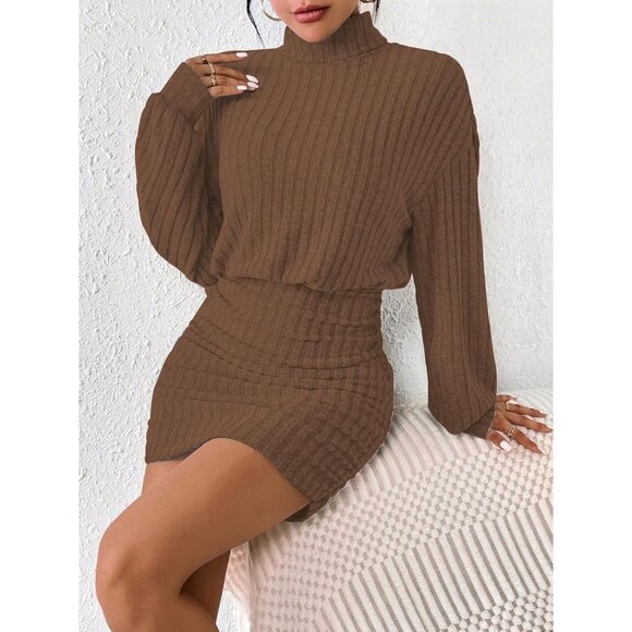 Women's Brown Lantern Sleeve Turtle Neck Cute Ribbed Knit Pullover Sweater Dress - Picture 4 of 5